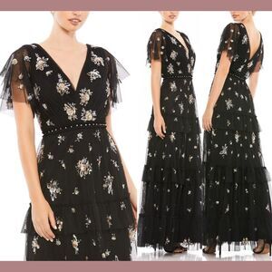 NEW‎ $598 Mac Duggal [ 8 ] Ruffle Tiered Embellished Flutter Sleeve Gown #G1606